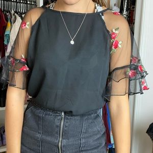 Sheer floral puffy sleeve shirt
